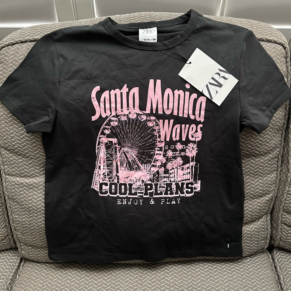Zara Kids Black Tee with Pink Santa Monica Design